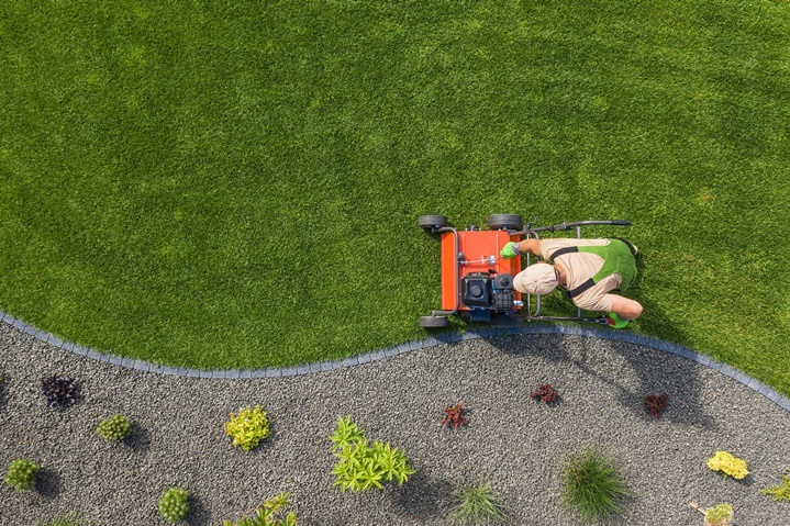 A top-down view of a person mowing a lawn edge near the stone divider and plants.